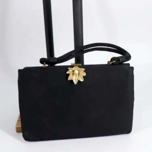 Vintage 1950s Ingber black grosgrain handbag with gold flower clasp - Picture 1 of 9
